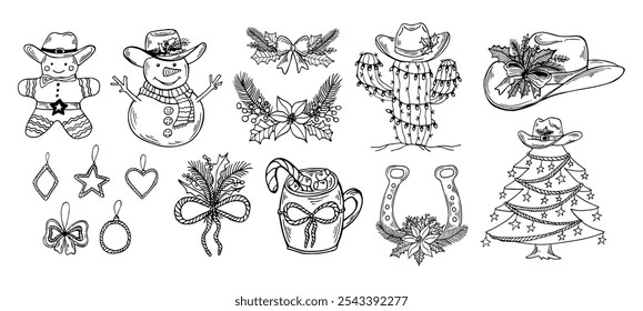 Western Christmas vector hand drawn set illustration. Cowgirl hat, floral ornaments, coquette bow decor, snowman and gingerbread in a cowboy hat, horseshoe line art.