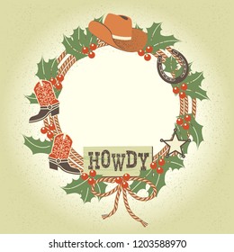 Western Christmas Wreath With Cowboy Decoration And Lasso.Vector Illustration