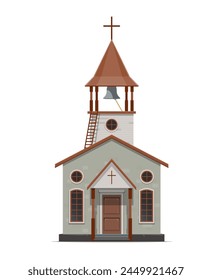 Western church temple building, wild west parish. Isolated vector religious house old american country town. Wooden catholic religion chapel with cross and bell tower with ladder, exude frontier charm