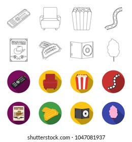 Western cinema, tickets, sweet cotton wool, film on DVD.Filmy and cinema set collection icons in outline,flet style vector symbol stock illustration web.