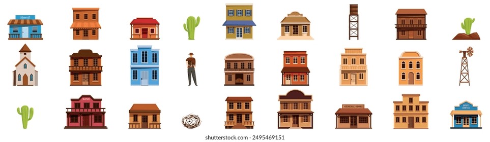 Western city buildings icons set. Cowboy character standing out of wild west building set with saloon, bank, sheriff office, windmill, cacti, and water tower