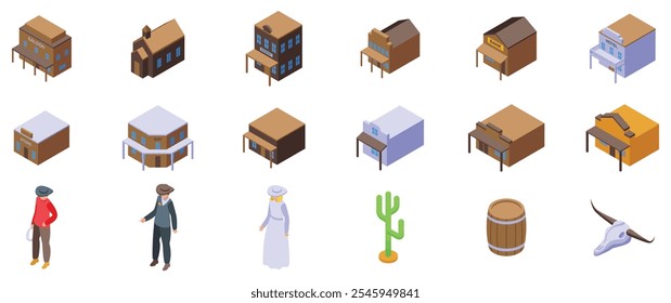 Western city buildings icons set. Isometric western wild west town buildings, cowboy and cowgirl, saloon, bank, hotel, cactus and bull skull icons set