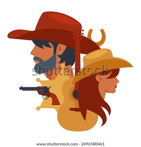 Western composition - sheriff star, cowboy, beautiful girl, guitar, horseshoe, gun. Simple flat vector illustration related with Wild West, USA history, american frontier. Vector, objects, isolated