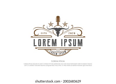 Western Country Guitar with Longhorn Skull Logo Design Vector