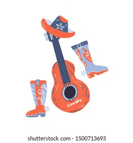 Western country music with cowboy shoes and music guitar. Vector isolated illustration in hand drawn style on white background.