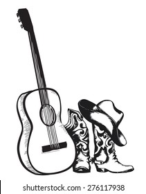 Western country music with cowboy shoes and music guitar.Vector isolated illustration on white