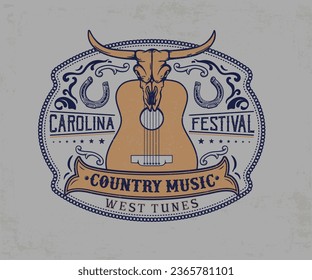 diseño vectorial del festival de música country occidental, arte de festival de país para camisetas, pegatinas, afiches, etiquetas, diseño de tipografía de época occidental, arte de cráneo y guitarra, festival del desierto de carolina