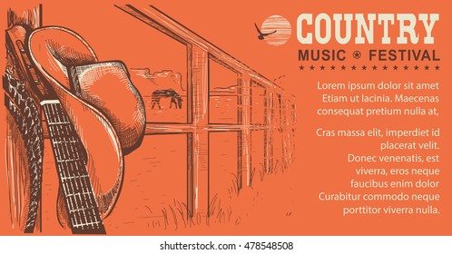 Western country music illustration with cowboy hat and guitar.Vector hand draw background for text