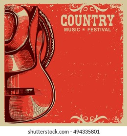 Western country music poster with american cowboy hat and guitar on vintage card background
