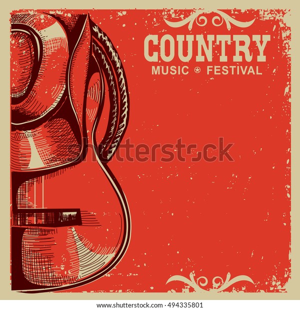Western country music poster with\
american cowboy hat and guitar on vintage card\
background
