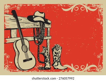 Western Country Music Poster With Cowboy Clothes And Music Guitar Background For Text