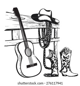 Western country music poster with cowboy clothes and music guitar background for text