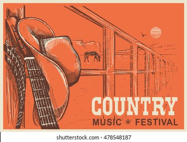 Western country music poster with cowboy hat and guitar.Vector hand draw background for text