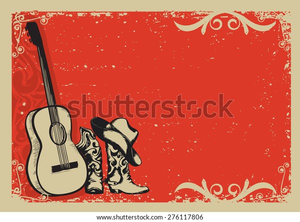 Western country music poster with cowboy shoes\
and music guitar background for\
text