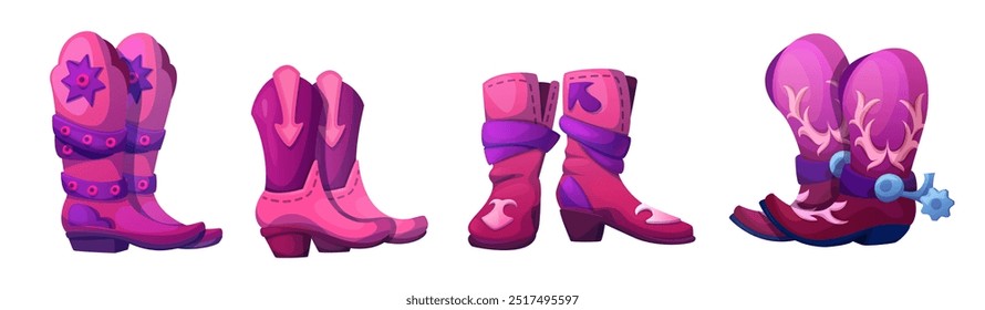 Pares de botas femeninas de cuero de vaquero rosa del país occidental con espuelas de metal. Conjunto de Ilustración vectorial de dibujos animados de herradura de vaquera para el festival de baile retro del oeste salvaje. Zapato de granja y rancho hembra Antiguas.