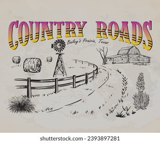 western country roads travel vector illustration, american country landscape vector drawing, wind meal and wooden fence, western desert retro vintage artwork for t shirt, sticker, poster 