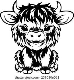 Western Cow Hand Drawn, Farm life, Farm animal, Highland Cow, Cute Highland Cow Sitting Laser Cut File, Baby Cow, Silhouette svg