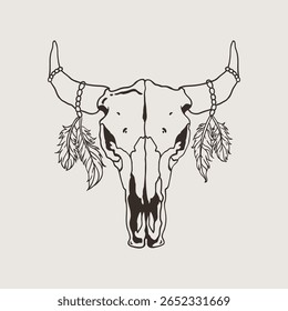 Western Cow Skull with Feathers Line Art