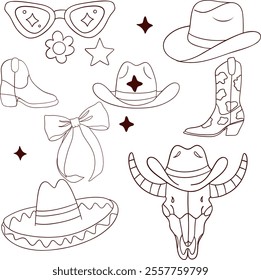 Western Cowboy Accessories Outline Illustration