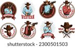 Western cowboy badges. Vintage Wild West logo. Cowboy lifestyle emblems. Vector illustration