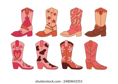 Western Cowboy Boot Collection. Editable Stroke Vintage Groovy Style Vector Illustration.