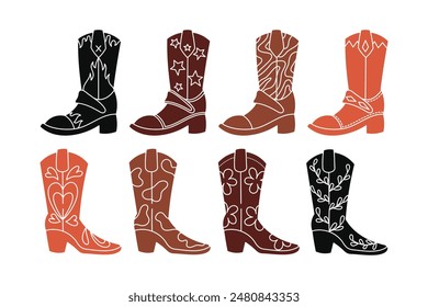 Western Cowboy Boot Collection. Solid Color Vintage Groovy Style Vector Illustration.