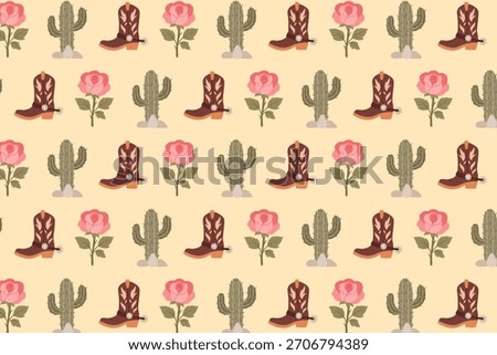 Western cowboy boot seamless pattern, with roses and cactuses, swatch available in swatches panel