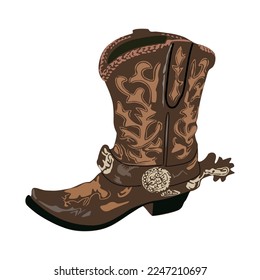 Western cowboy boot with spurs. Stylish leather boot with traditional american wild west decoration. Realistic hand drawn vector illustration isolated on white background.