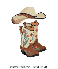 Western cowboy boots and hat vector illustration.