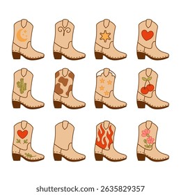 Western Cowboy Boots Icons with Fun Decorative Motifs