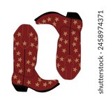 Western cowboy boots. Stylish decorative pair of cowgirl boots embroidered with traditional american star symbols. Hand drawn vector illustration isolated on white background.