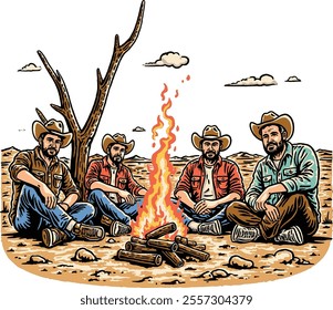 western cowboy campfire vintage illustration