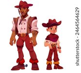 Western cowboy costume character cartoon vector. Isolated traditional saloon set with man and boy for adventure game design. Cute vintage wild west dress for adult and child person illustration