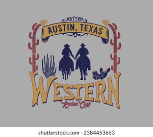 Westliche Cowboy-Wüste, Vektorgrafik, Rodeo-Paar in texas Wüste, Vektorgrafik, Retro-Vintage-Typografie-Kunstwerke für T-Shirt, Aufkleber, Poster, Grafikdruck