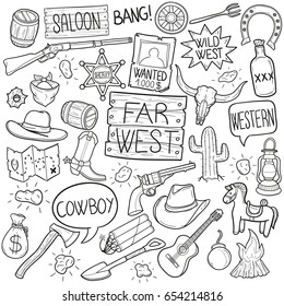 Western Cowboy Doodle Icons Sketch Hand Made Illustration Graphics Vector.