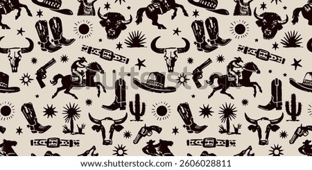 Western Cowboy Gear and Rodeo Illustrations Seamless Pattern