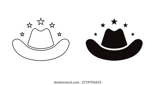 Western cowboy hat icon set with stars | Black silhouette and outline vector illustration of cattleman headwear | Cowboy hat icon isolated | Vector cowboy hat with western stars on white background | Cowboy hat silhouette