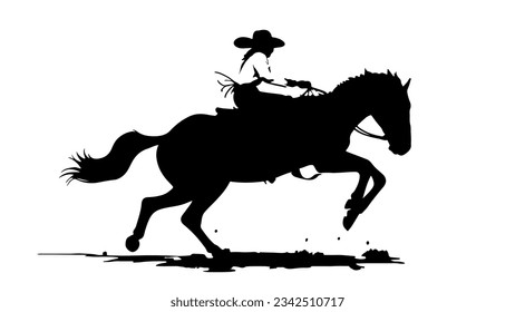 Vaquero occidental con sombrero montando a caballo. Los humanos montan un caballo. Silueta negra. Rodeo, carreras de caballos, oeste salvaje, oeste. Ilustración vectorial aislada en fondo blanco.