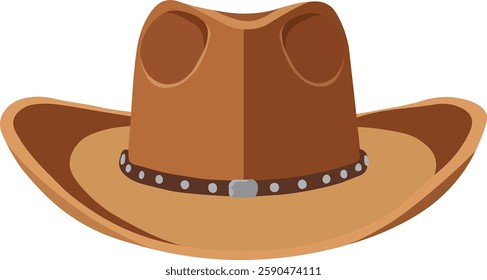 Western Cowboy Hat Vector Illustration, Classic Brown Leather Hat with Curved Brim and Decorative Band, Wild West Theme