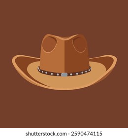 Western Cowboy Hat Vector Illustration, Classic Brown Leather Hat with Curved Brim and Decorative Band, Wild West Theme