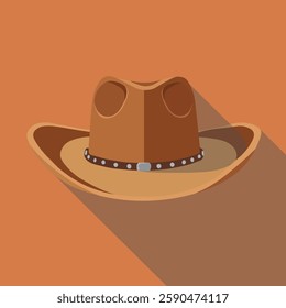 Western Cowboy Hat Vector Illustration, Classic Brown Leather Hat with Curved Brim and Decorative Band, Wild West Theme