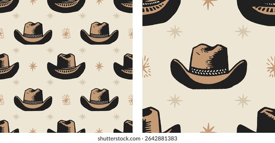 Western Cowboy Hats Seamless Pattern Vintage Americana Country Style Vector Background