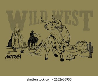 western cowboy hunting wild buffalo with vintage typography design