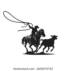 Western cowboy lassoing calf silhouette