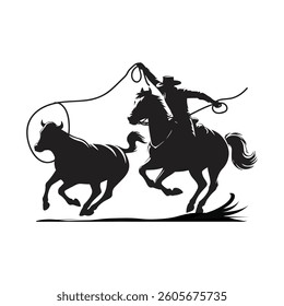 Western cowboy lassoing calf silhouette