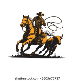 Western cowboy lassoing calf silhouette