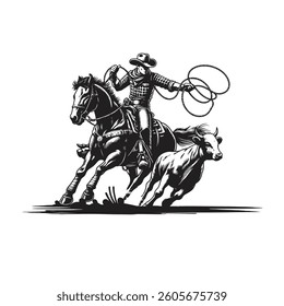 Western cowboy lassoing calf silhouette