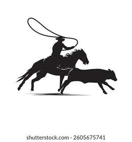 Western cowboy lassoing calf silhouette