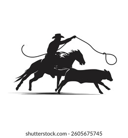 Western cowboy lassoing calf silhouette
