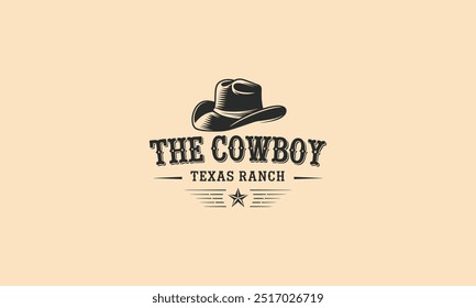 Western Cowboy-Logo mit einem Hut und Vintage-Typografie-Stil.